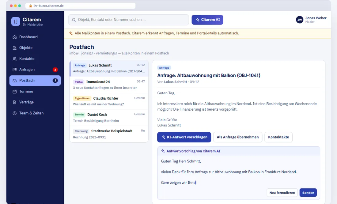 Citarem Postfach: Mails werden dem richtigen Objekt zugeordnet, mit Antwortvorschlag