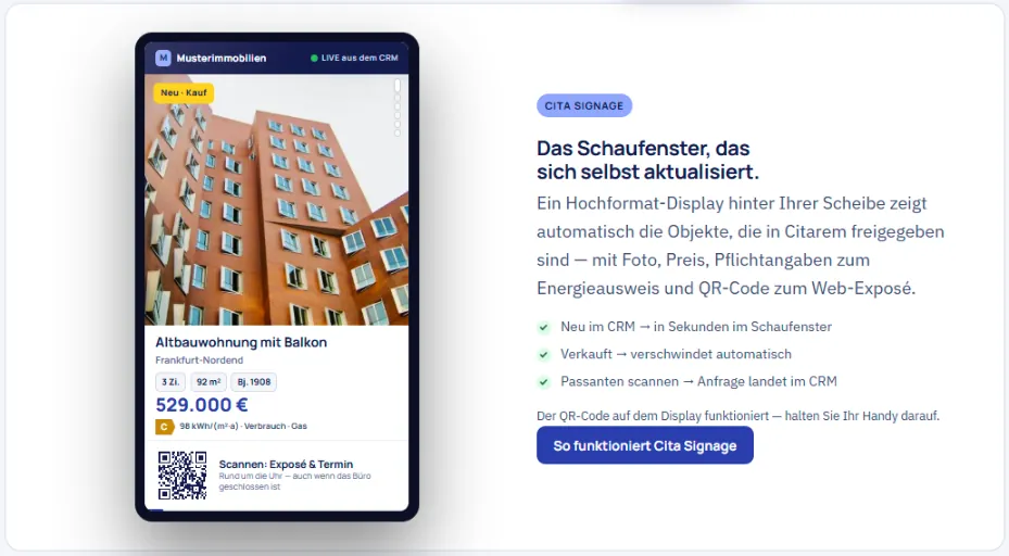 Cita Signage: Live-Display mit Objekt, Energieklasse und QR-Code
