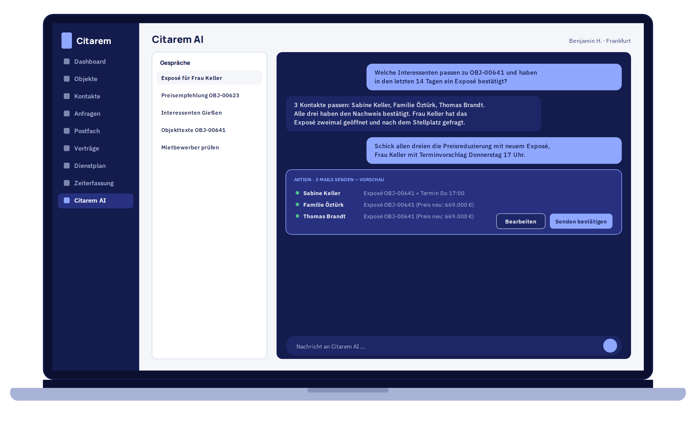 Citarem AI: KI-Assistent bereitet drei Mails vor, Mensch bestätigt