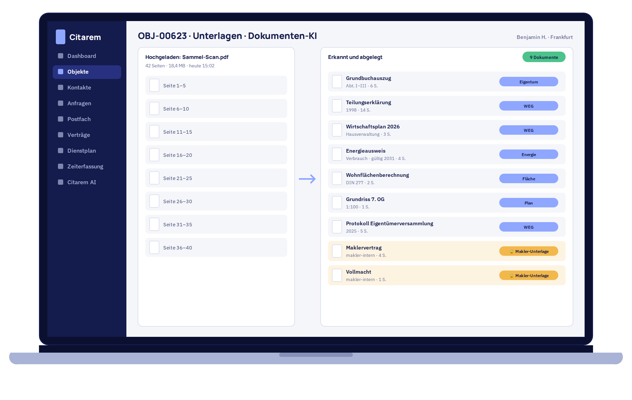 Dokumenten-KI trennt einen Sammel-Scan in neun Dokumente
