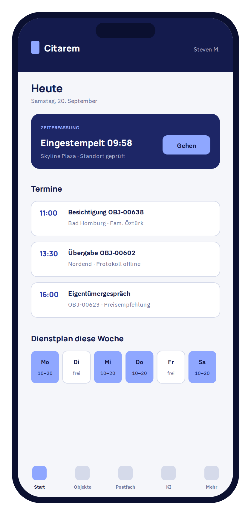 Mobile Ansicht mit Zeiterfassung und Terminen